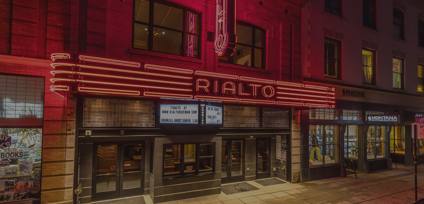 nighttime view of Rialto marquee